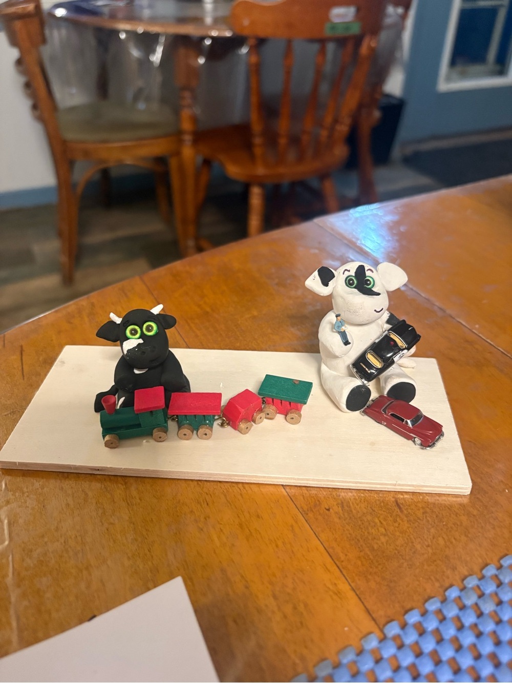 Handcrafted Calfs playing with Toy Set with Wooden Train Cars - Black & White